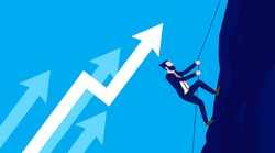Business growth - Businessman climbing rope up hill, with rising arrows in background. Progress concept. Vector illustration.