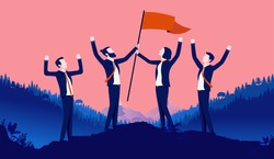 Teamwork happiness - Group of business people standing on hill celebrating with arms in air and victory flag in hands. Team spirit and unity concept. Vector illustration.