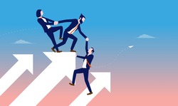 Business team growth - Group of businesspeople climbing on arrows pointing up. Teamwork and progress concept. Vector illustration.