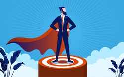 Successful superhero leader on podium, standing proud and strong. Business management and boss concept. Vector illustration.