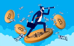 Bitcoin trader looking for opportunities - Businessman standing on flying bitcoins with binocular, analysing and looking for a good trade. Crypto currency finance concept. Vector illustration.
