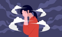Woman burnout - Dizzy female person with hands covering face feeling depressed and anxiety. Mental health concept, vector illustration