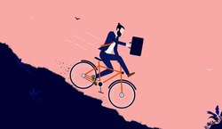 Businessman going to fast - Business person on bike riding down hill in high speed. Danger and risk concept. Vector illustration