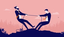 Business rivalry vector illustration - Two businessmen competing in tug of war outdoors. Business competition and contest concept.