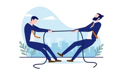 Competition between businessmen - Two men in tug of war competing. Business rivalry concept. Flat design vector illustration