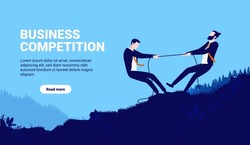 Business competition web illustration - Two businessmen in rivalry competing in tug of war outdoors on blue background. Copy space for text