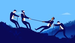 Corporate people in competition - Vector illustration of businessmen competing in tug of war, pulling rope and having a rivalry. Business rivalry concept.