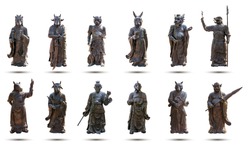 A statue of a 12 Chinese Zodiac made from brass, such as the Year of the rat, cow, tiger, rabbit, dragon, snake, horse, goat, monkey, rooster, dog, and pig isolated on white background
