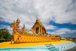 The Garuda at the front of the temple building has shaped like a traditional Thai boat at Wat Tha Makok, Rayong, Thailand.