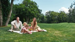 Happy family relaxing together outdoors, having picnic in nature on a summer day. Leisure, summer, fun concept. Web Banner