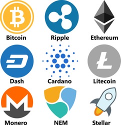 Vector Illustration Of Bitcoin BTC, Ripple XRP, Ethereum ETH, Dash, Cardano ADA, Litecoin LTC, Monero XMR, NEM, Stellar XLM Cryptocurrency Coin / Virtual Money Icon / Logotype Set /Collection In Color