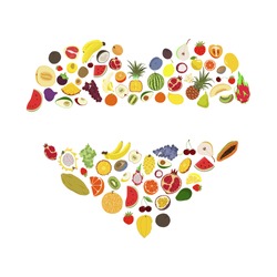 Vector set of exotic fruits in the form of a heart with a place for inscription. Template with colorful fruits for the design of menus, recipes, posters.