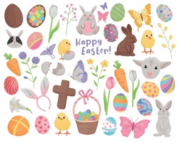 Set of Easter holiday celebration themed vector illustrations. Colorful, cartoon style, hand drawn elements isolated on a white background.