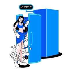 Beauty woman stands and smiles near the cryosauna device. Cold therapy illustration.