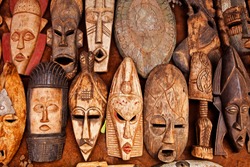 West African Art Masks on Display at at Outdoor Market in Accra Ghana