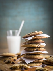 Homemade Chocolate Chip Cookies and Milk with Copy space