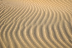 Dune waves and sand pattern.  Wave, sand dunes, dry desert, brown or yellow colored.
The sand changes shape due to the wind to form sand ripples and jagged lines. Selective focus. Copy space.