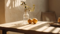 Modern interior lifestyle Mediterranean in summer scene, plant with fruit on table with light and shadow in dining room