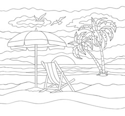 Summer vacation vector illustration isolated on white background. Coloring book of beach. 