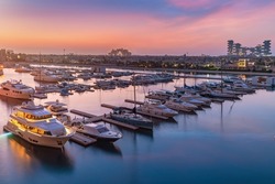 Dubai Skyline and Famous Hotels and boats and yachts