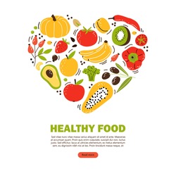 Baner, flyer with products, healthy food. Fruits, vegetables and nuts. Cartoon flat vector illustration isolated on white background.