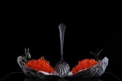 Caviar spoon and red caviar in oyster shells. Serving snacks with red caviar. A symbol of wealth. A useful omega. Black background. Space for copying.Black background.