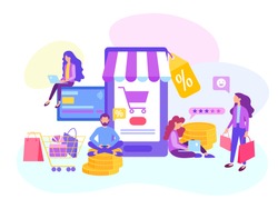 Young people shop online at an online store and pay for goods with a credit card, invoicing and discounts. Vector illustration for web design, blogging and social media.
