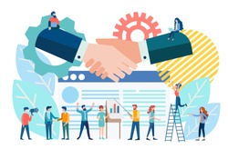 Handshake of executives, conclusion of contracts and management in a  company, online business support, business analytics, investment attraction and financial control in a business team