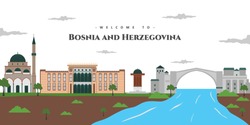 Bosnia and Herzegovina country design template with wonderful landmark buildings. Beautiful panorama view of the old city. World vacation travel sightseeing Europe European collection.