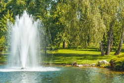 The fountain on the lake in the park.