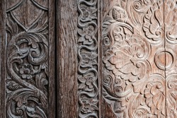 Details of wood carvings with floral motifs at the old mosque of Masjid Besar Mataram