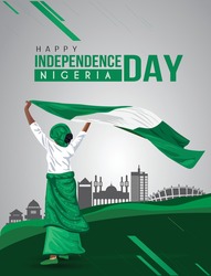 Nigerian Girl waving flag her hands. 1st october Happy Independence day celebration concept. can be used as poster or banner design. vector illustration.
