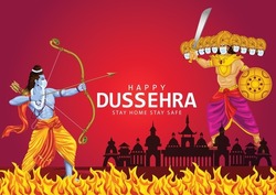 Happy Dussehra festival of India. of Lord Rama killing Ravana. vector illustration. covid corona virus concept	