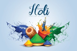 Happy holi festival. colorful pot and powder. vector illustration design.