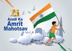 happy Independence day India Azadi ka Amrit Mahotsav poster, a boy running with Indian flag. vector illustration design