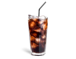 Soda with ice in a transparent glass isolated on a white background. High quality photo