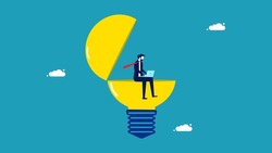 Creativity in problem solving. smart businessman sitting on a light bulb. business concept vector