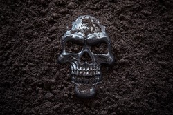 Creepy human skull in black soil 