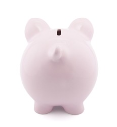 Back view of pink piggy bank with clipping path