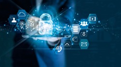 Data protection privacy concept. GDPR. EU. Cyber security network. Business man protecting data personal information on tablet. Padlock icon and internet technology networking connection on digital 