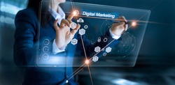 Digital marketing. Business using and drawing global structure networking on modern interface payments online shopping. Icon customer network connection on virtual screen. Plan and strategy. 