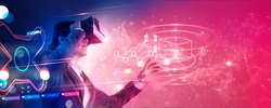 Metaverse Technology concept. Businessman use VR virtual reality goggle and experiences of metaverse virtual world for business future. Visualization, Virtual augmented reality on social network.