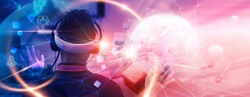 Metaverse Technology concepts. Teenager play VR virtual reality goggle and experiences of metaverse virtual world. Visualization and simulation, Gamer, 3D, AR, VR, Innovation of futuristic.