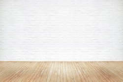 Vintage old brown wooden floor texture with white brick wall dust grime for background