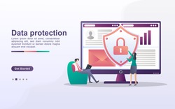 Data protection concept. People secure data management and protect data from hacker attacks. Back up and save important data. Can use for web landing page, banner, mobile app. Vector Illustration
