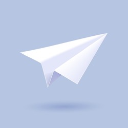Paper plane 3d icon illustration, white paper folded into shape on light blue backdrop, isolated with shadow