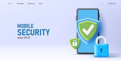 Web banner with 3d render illustration od a smartphone with protection shield and padlock