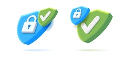 Set of digital security icons with 3d shield shape with padlock, two isometric 3d render illustrations in blue and green colors