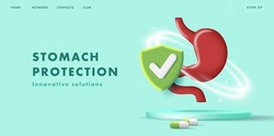 Web banner with 3d illustration of stomach protection with medicine pills and shield icon, drugs promo