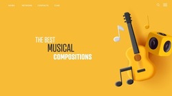 3d composition with classic guitar and notes and boombox, yellow monochrome poster modern graphic
